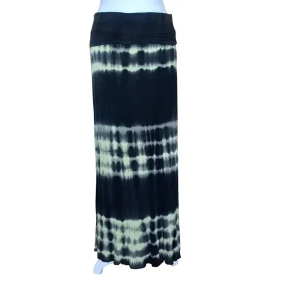 Tie-dye black and green jersey rolltop maxi skirt size M - Picture 1 of 5